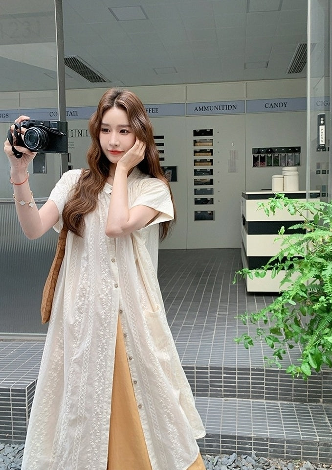 Embroidered Relaxed Fit Shirt Dress And Wide Leg Pants Set
