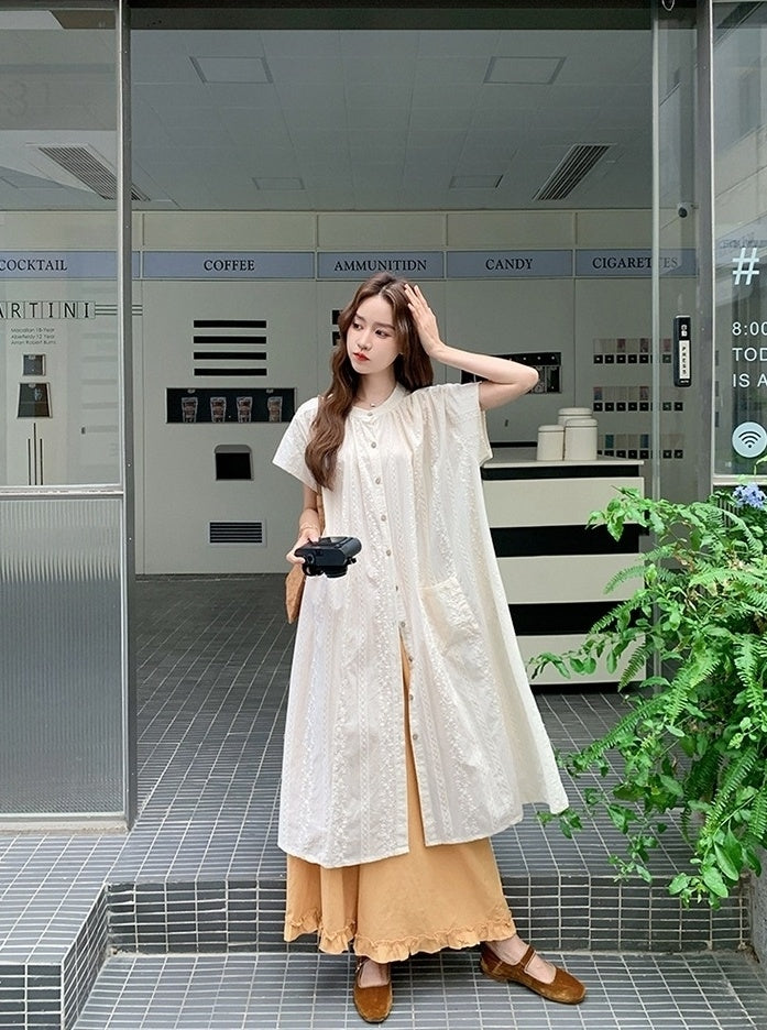 Embroidered Relaxed Fit Shirt Dress And Wide Leg Pants Set