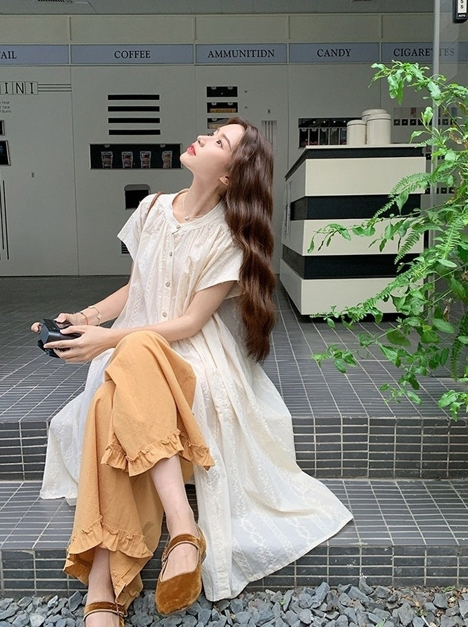 Embroidered Relaxed Fit Shirt Dress And Wide Leg Pants Set