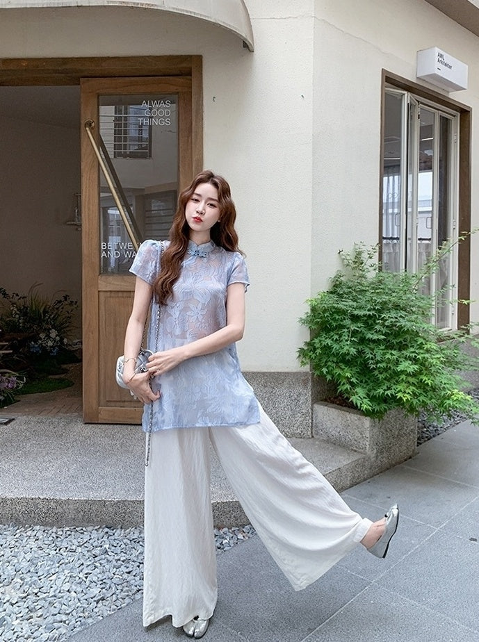 Embroidered Top And Wide Leg Pants Set