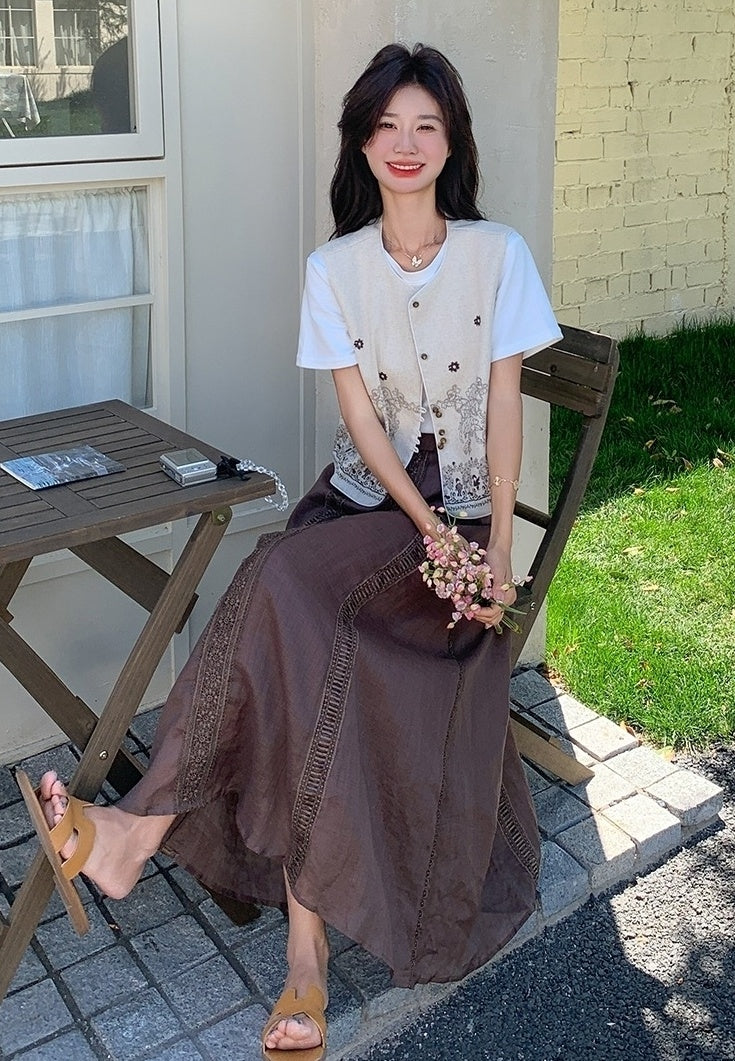 Embroidered White Vest T Shirt Long Skirt Set
