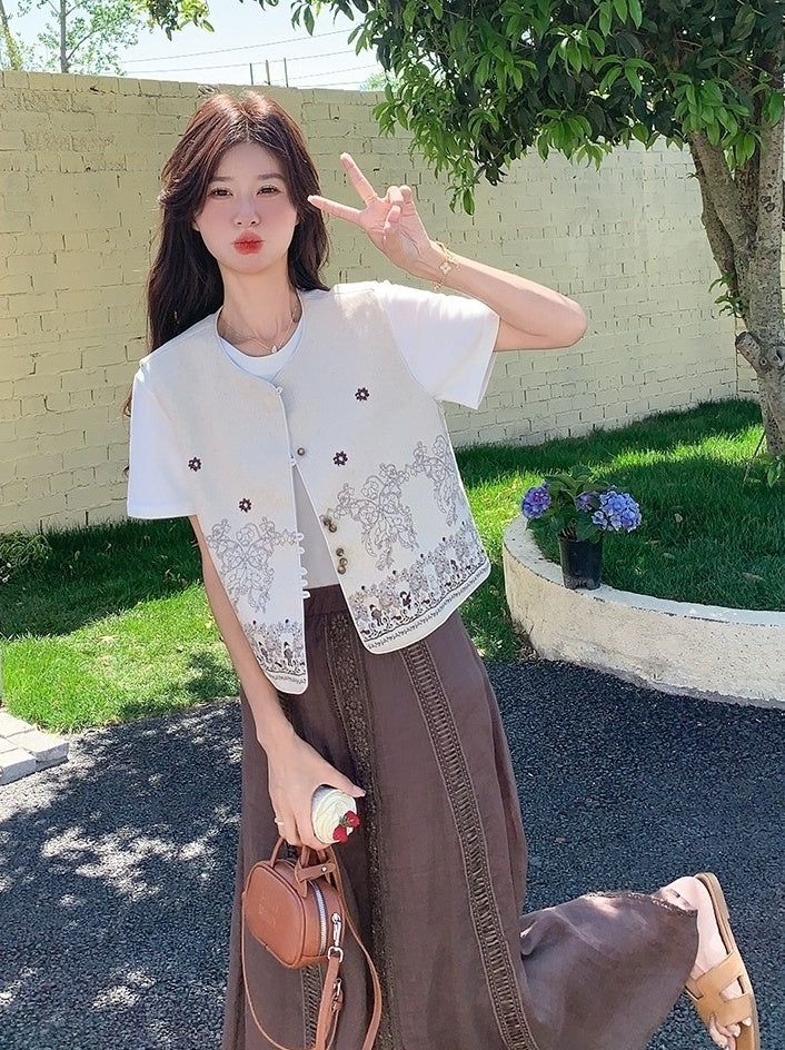 Embroidered White Vest T Shirt Long Skirt Set