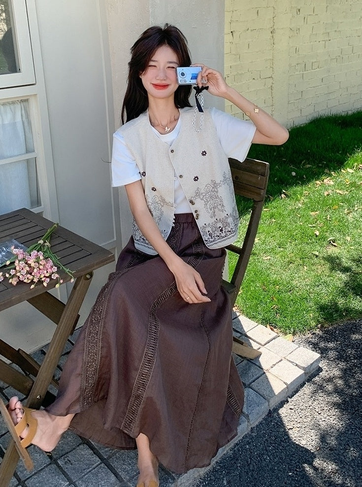 Embroidered White Vest T Shirt Long Skirt Set