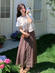 Embroidered White Vest T Shirt Long Skirt Set