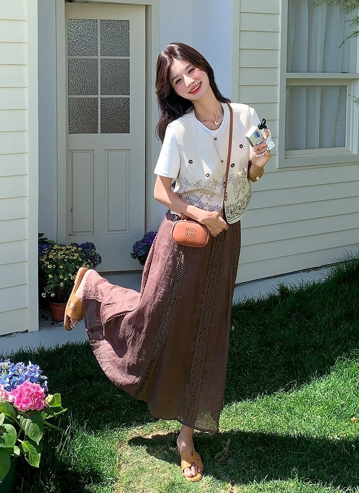 Embroidered White Vest T Shirt Long Skirt Set