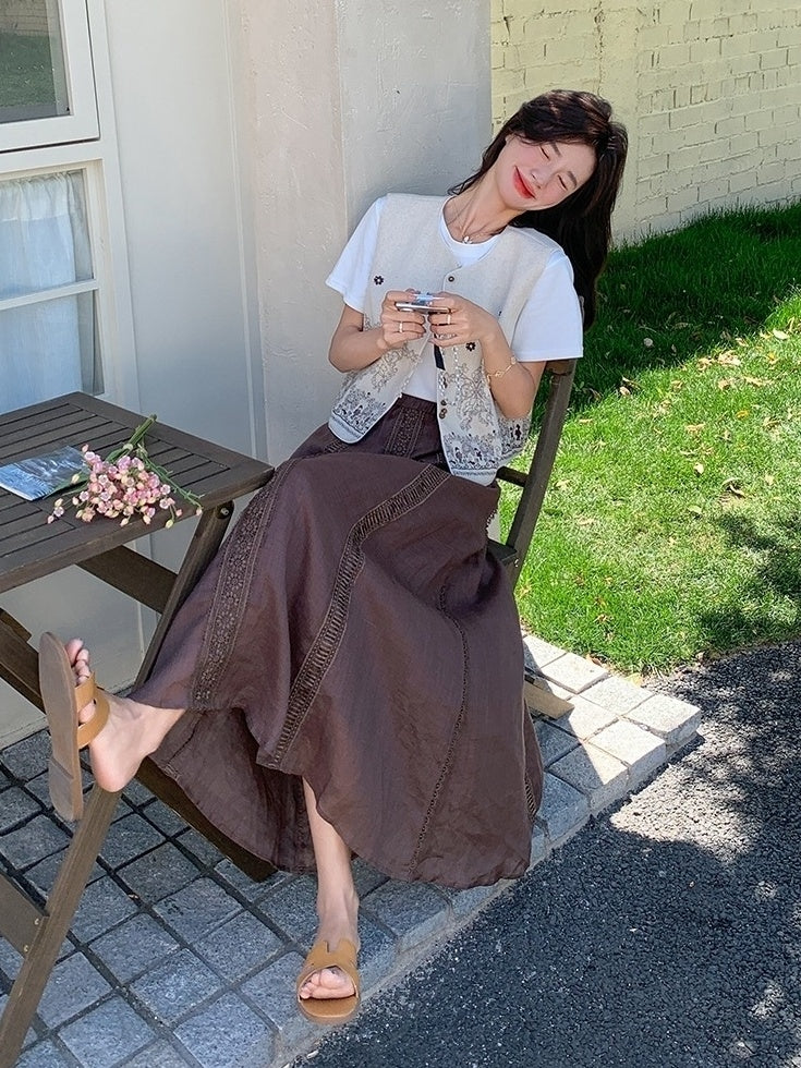 Embroidered White Vest T Shirt Long Skirt Set