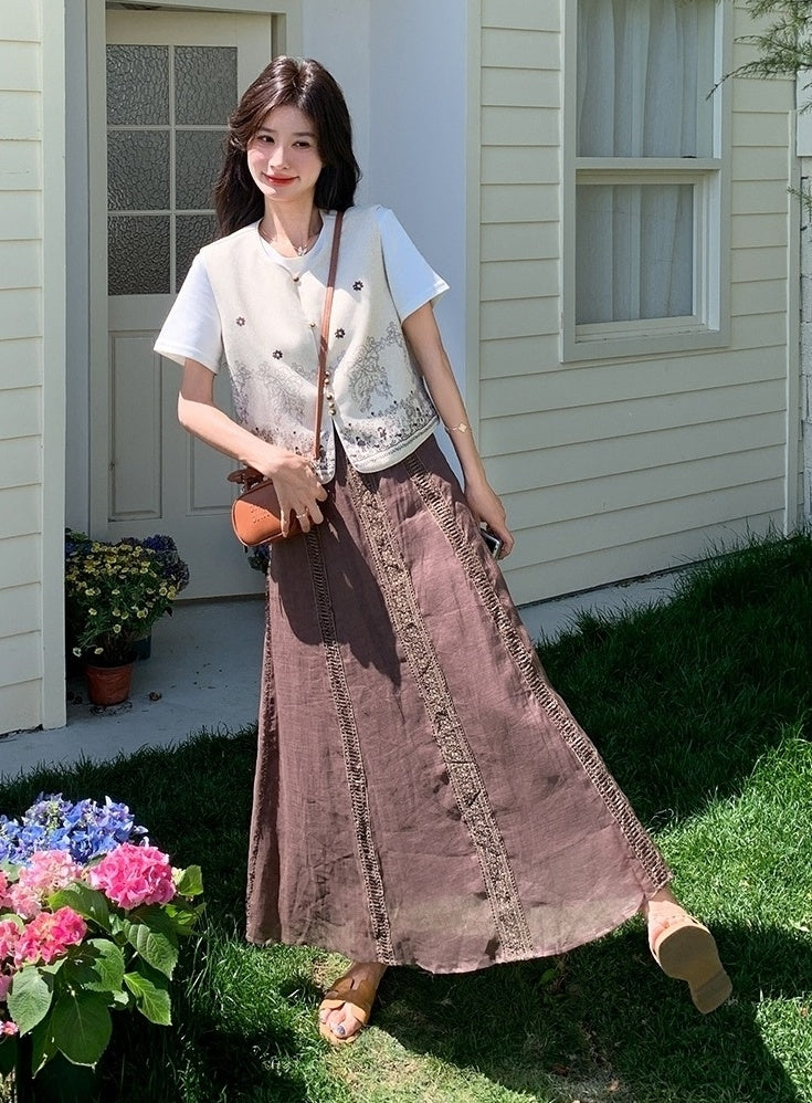 Embroidered White Vest T Shirt Long Skirt Set