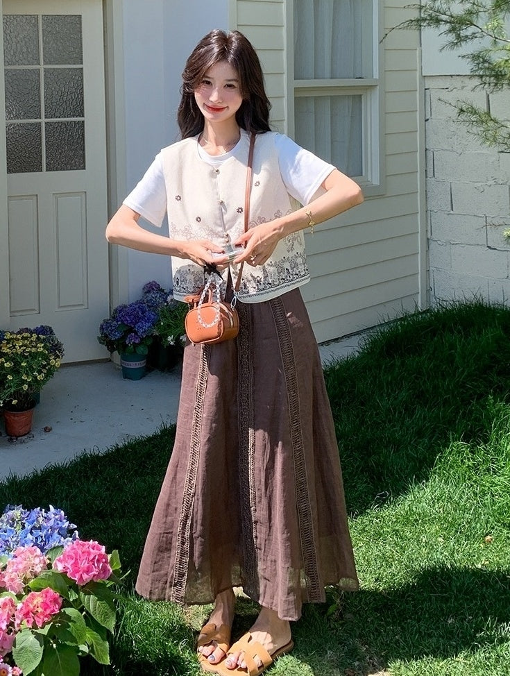 Embroidered White Vest T Shirt Long Skirt Set