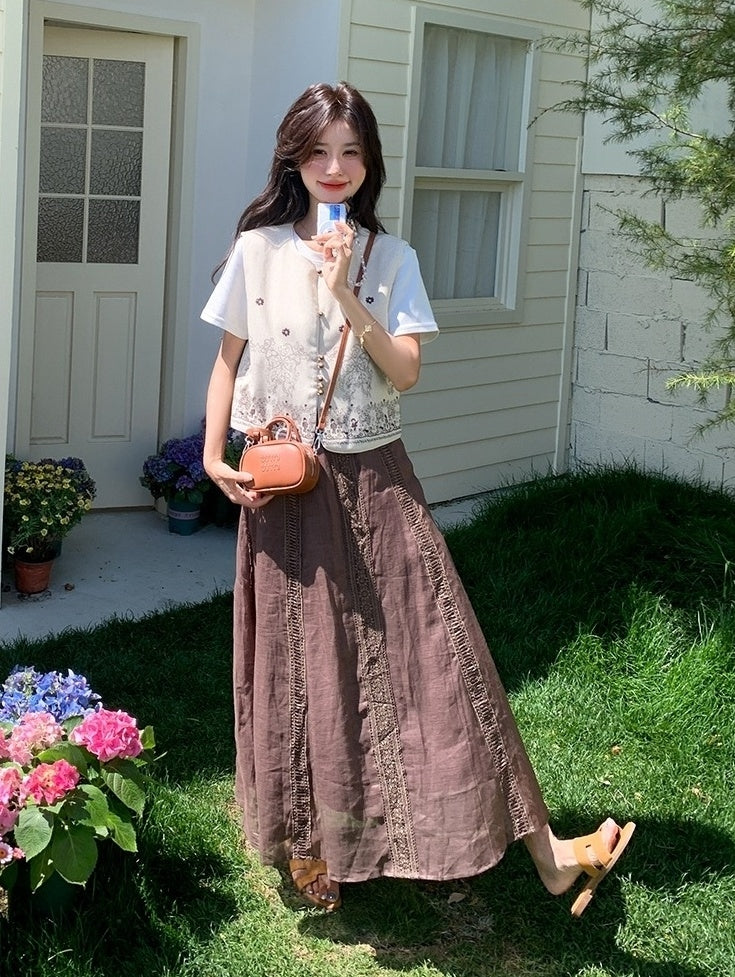 Embroidered White Vest T Shirt Long Skirt Set