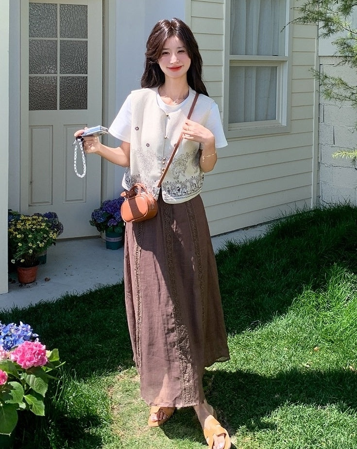 Embroidered White Vest T Shirt Long Skirt Set