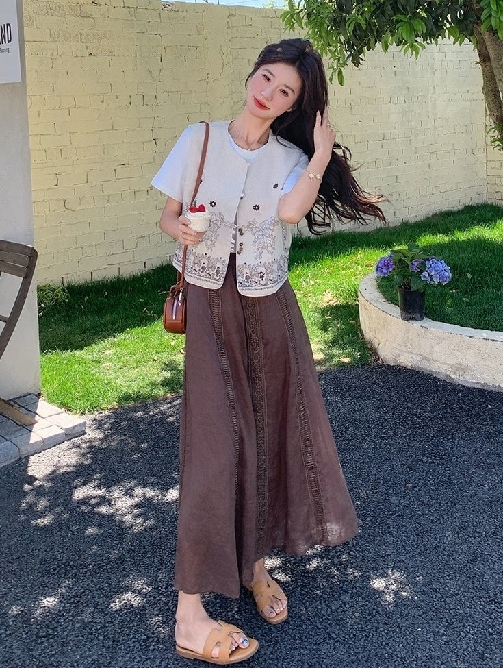 Embroidered White Vest T Shirt Long Skirt Set