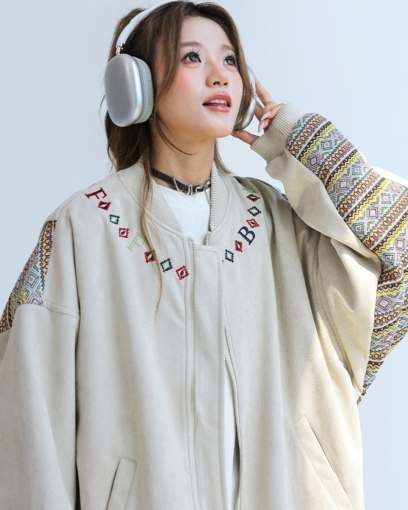 Ethnic Embroidered Patchwork Varsity Jacket