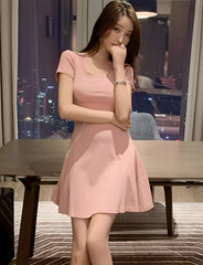 Pink Short Sleeve Flared Dress