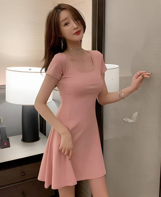 Pink Short Sleeve Flared Dress
