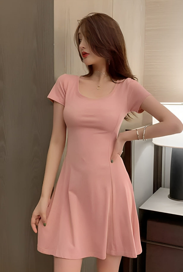 Pink Short Sleeve Flared Dress