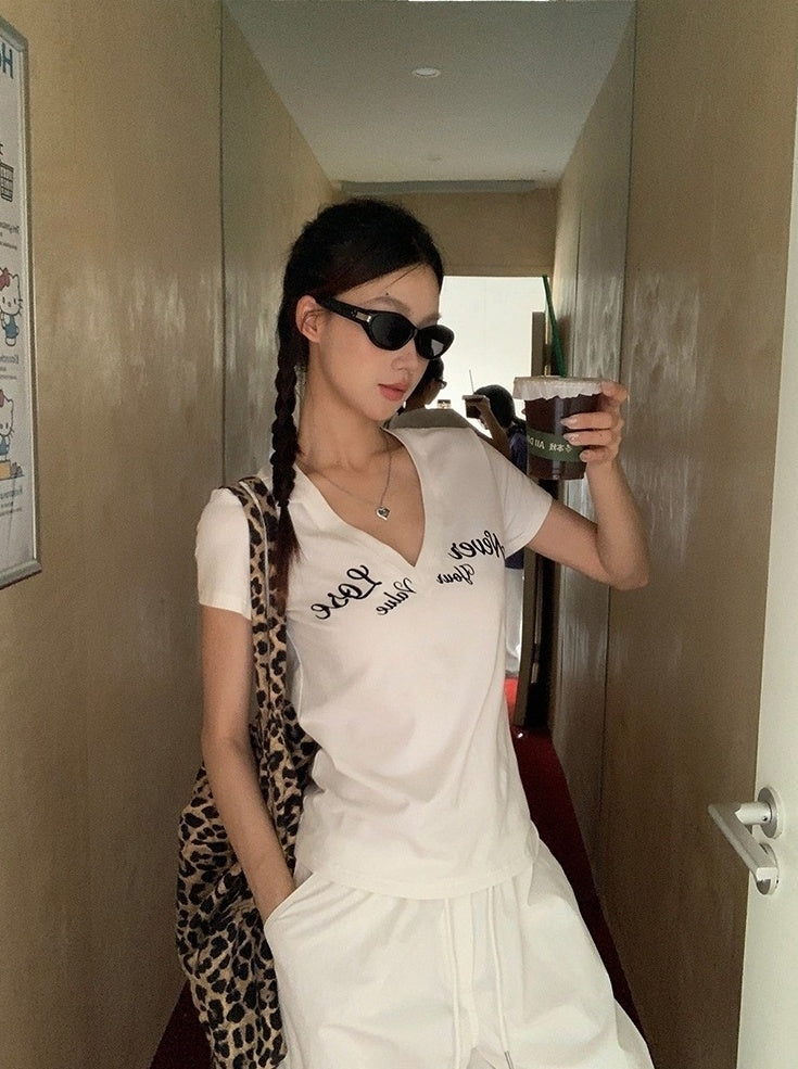 Exclusive Summer White Vneck Short Sleeve Top