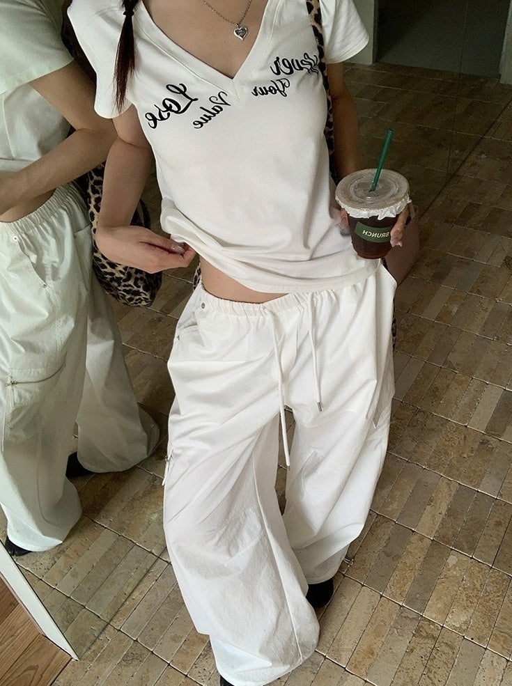 Exclusive Summer White Vneck Short Sleeve Top