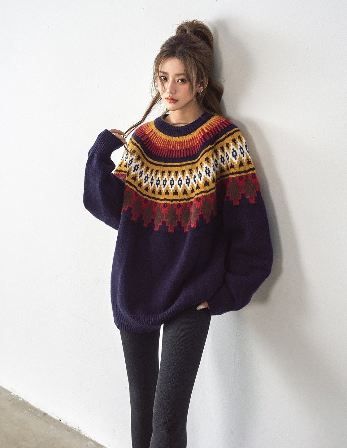 Fair Isle Jacquard Sweater Vintage Relaxed Style