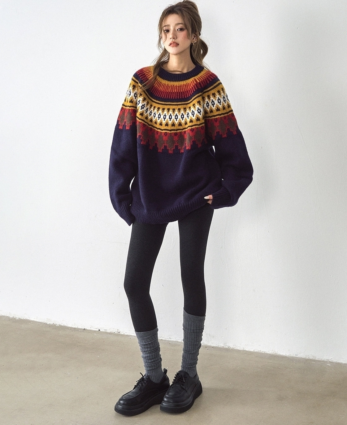 Fair Isle Jacquard Sweater Vintage Relaxed Style