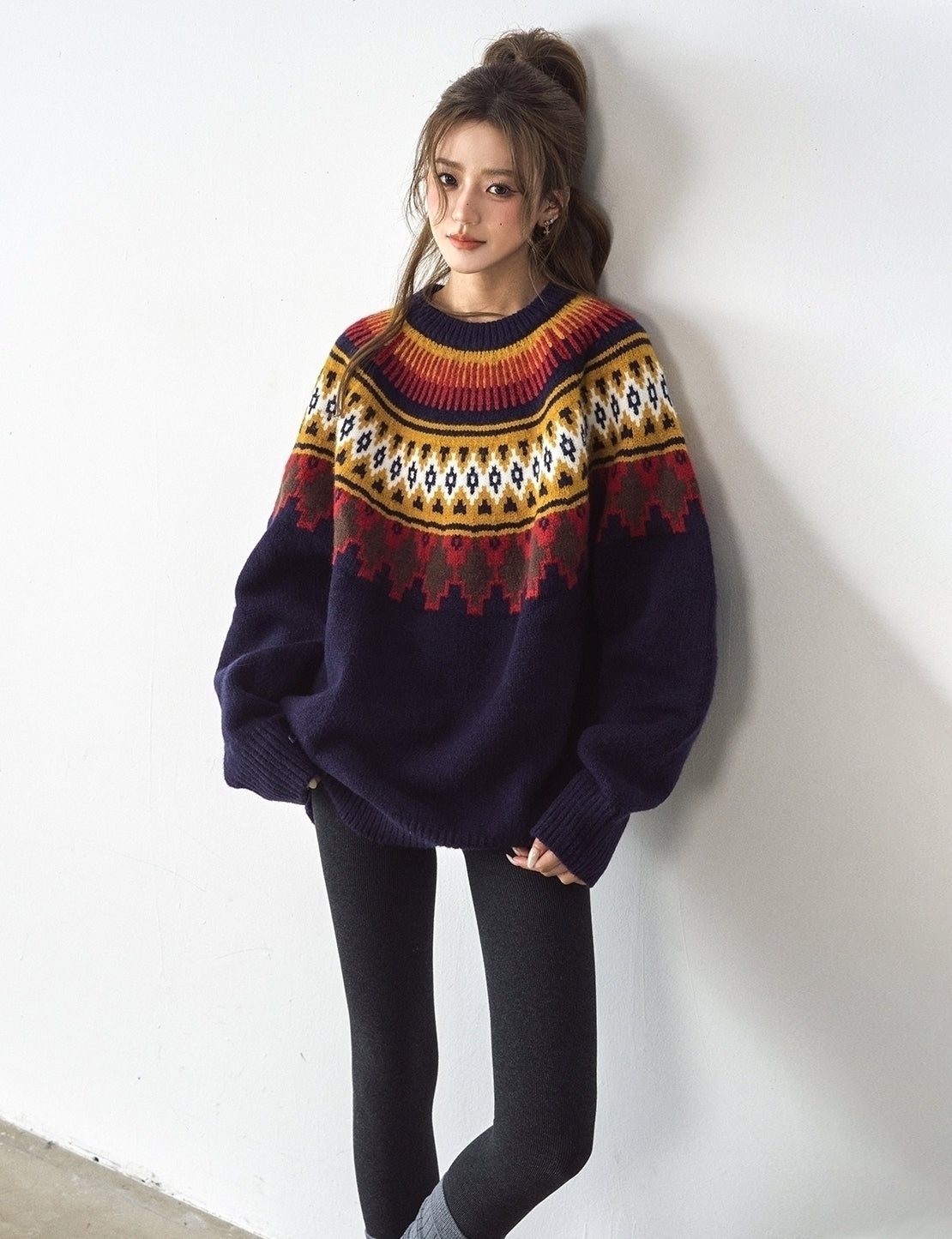 Fair Isle Jacquard Sweater Vintage Relaxed Style