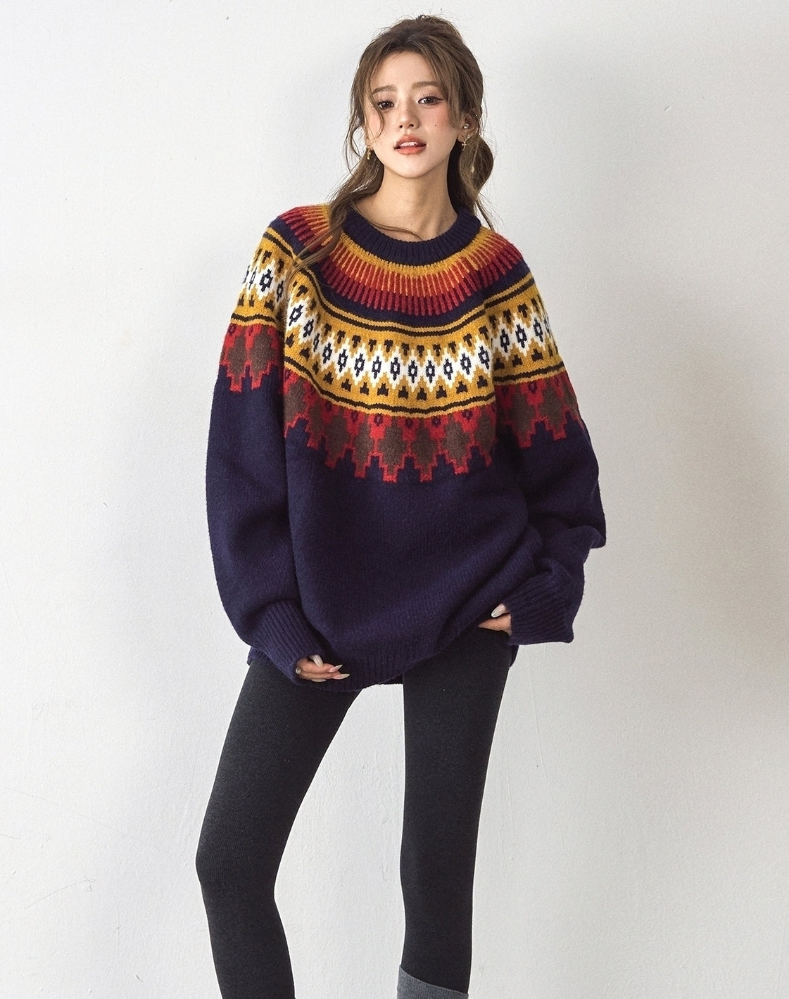 Fair Isle Jacquard Sweater Vintage Relaxed Style