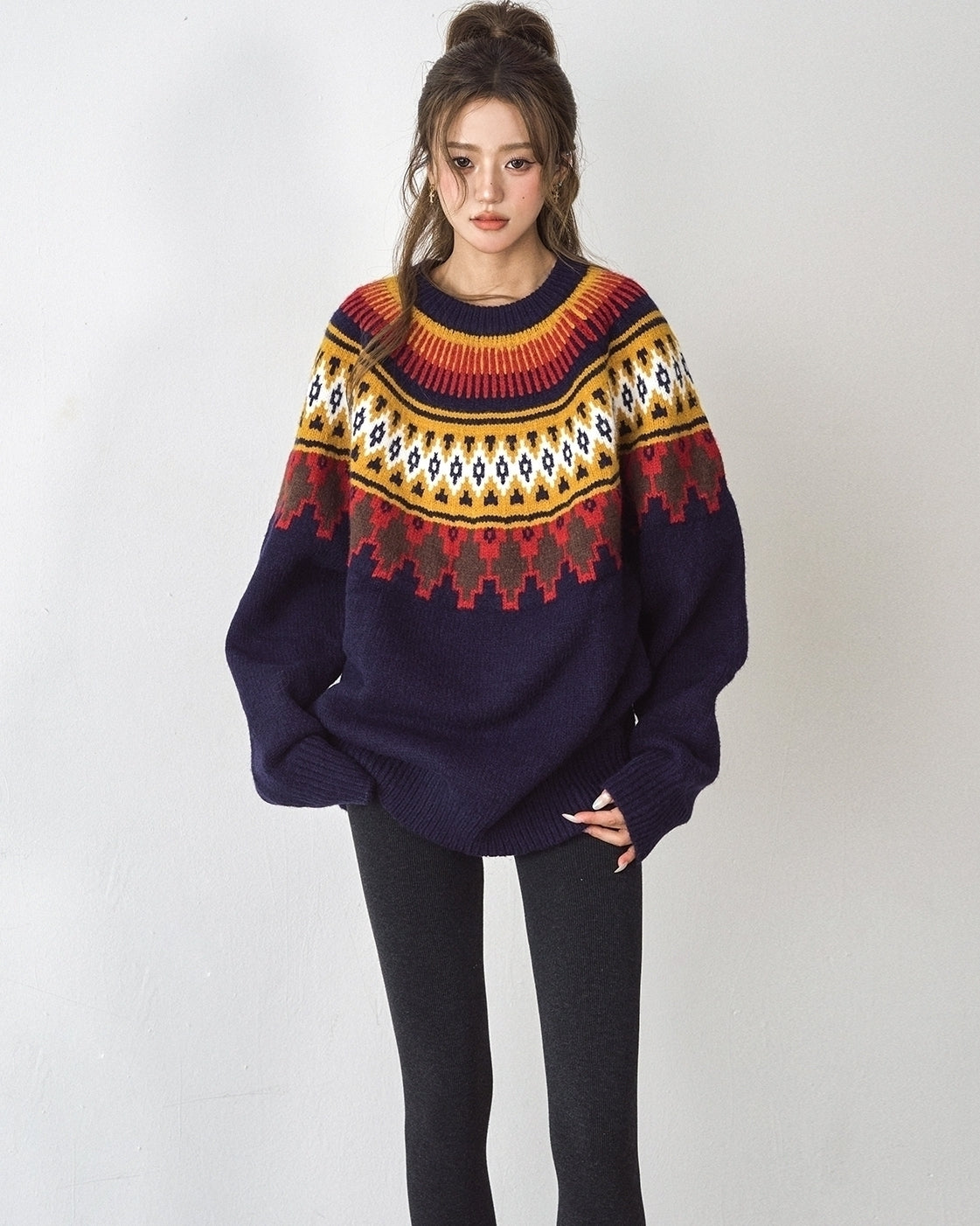 Fair Isle Jacquard Sweater Vintage Relaxed Style