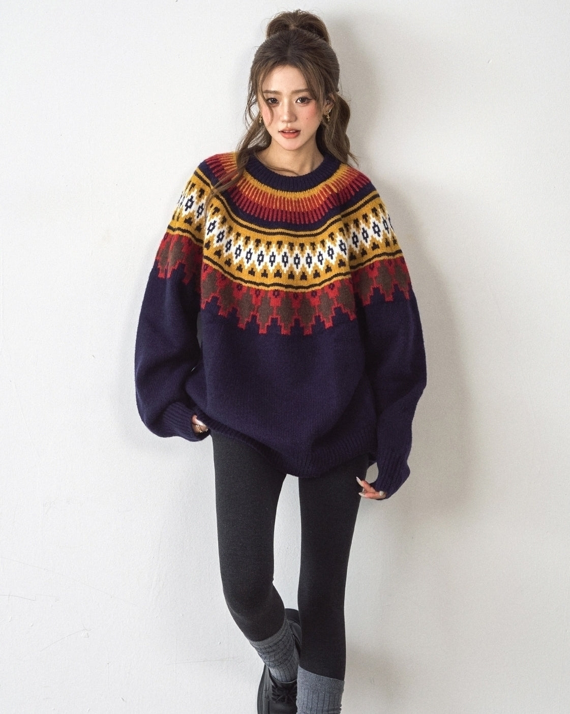 Fair Isle Jacquard Sweater Vintage Relaxed Style