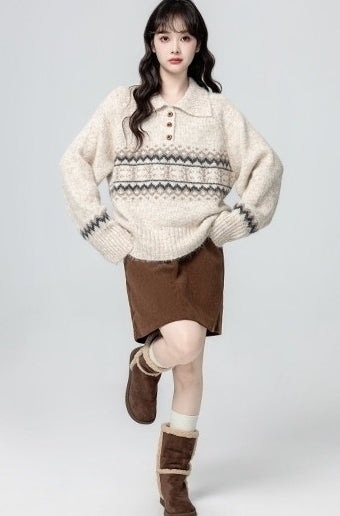 Fair Isle Polo Collar Knit Pullover Sweater
