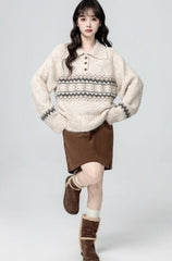 Fair Isle Polo Collar Knit Pullover Sweater