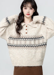 Fair Isle Polo Collar Knit Pullover Sweater