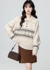 Fair Isle Polo Collar Knit Pullover Sweater