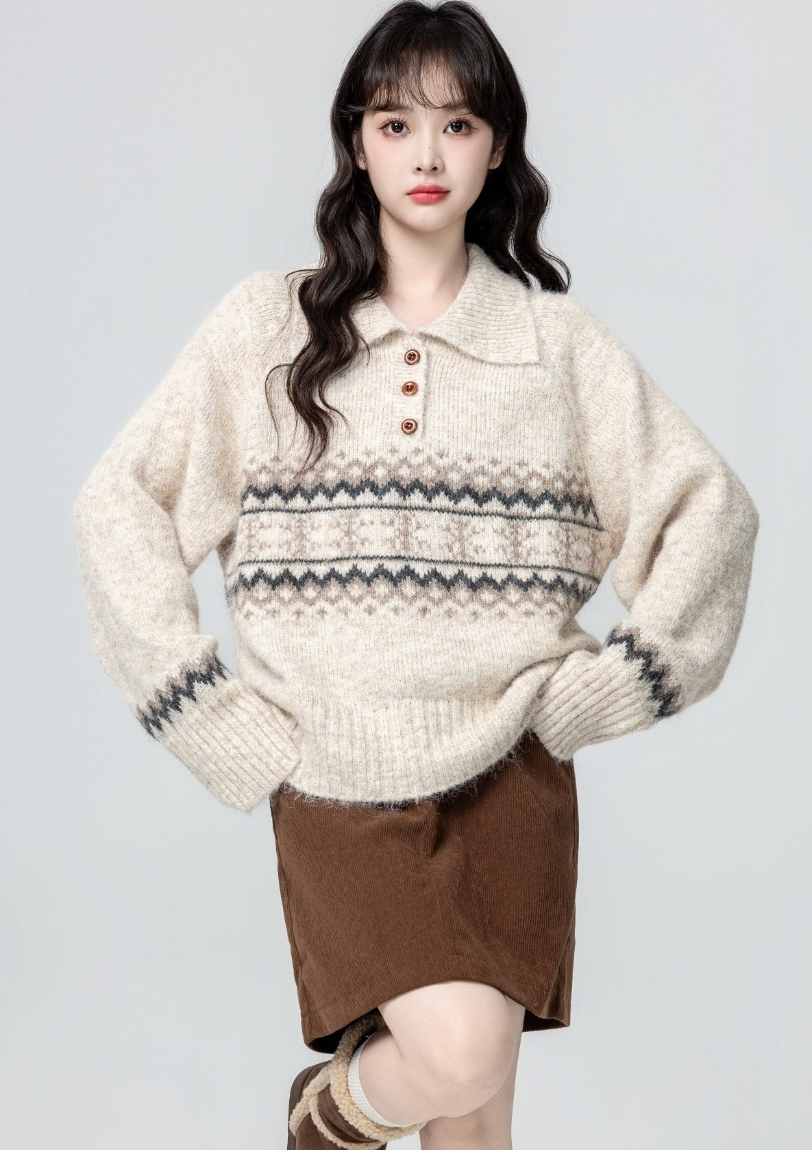 Fair Isle Polo Collar Knit Pullover Sweater