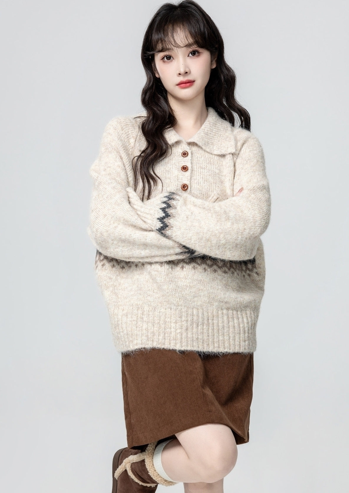 Fair Isle Polo Collar Knit Pullover Sweater