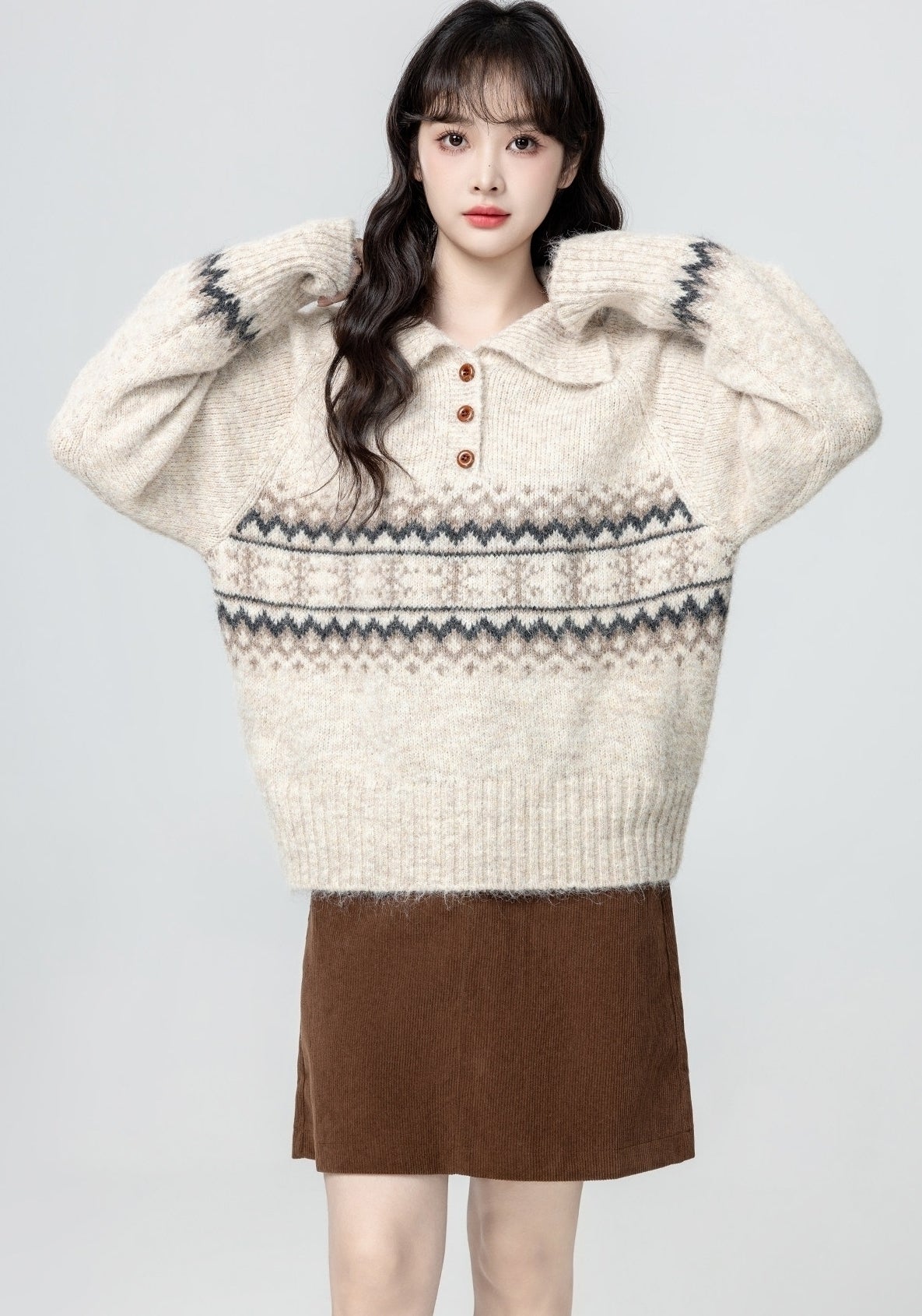 Fair Isle Polo Collar Knit Pullover Sweater