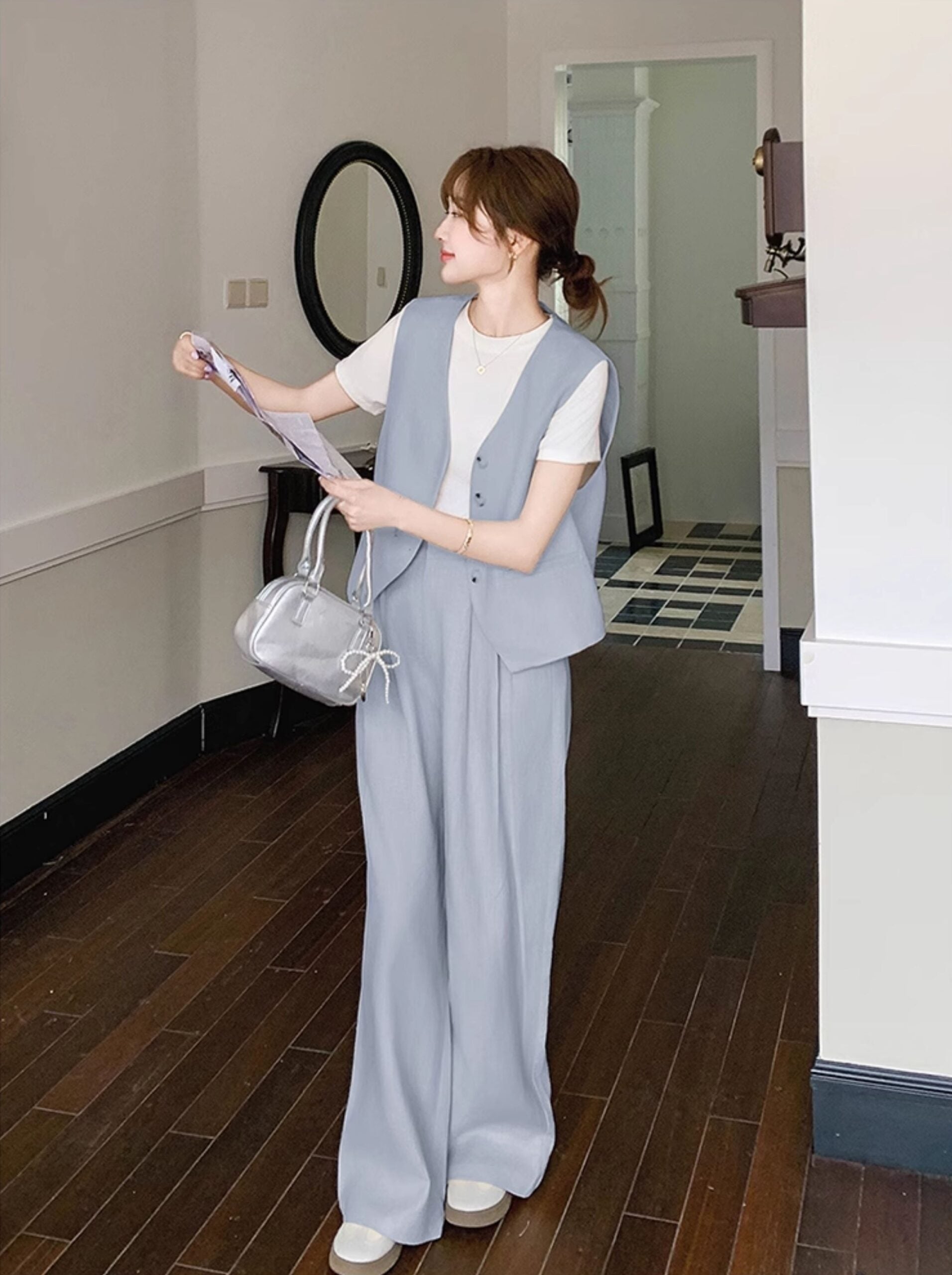 Fashion Casual Vest And Wide Leg Pants Set