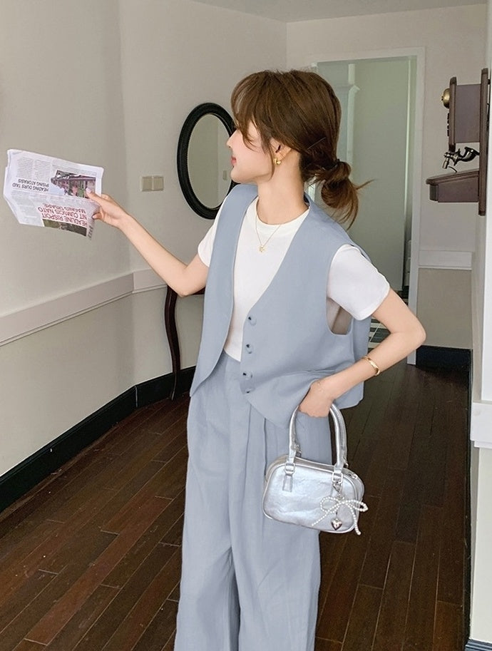 Fashion Casual Vest And Wide Leg Pants Set
