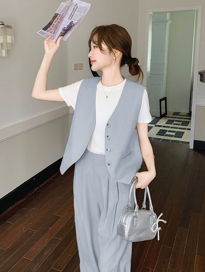 Fashion Casual Vest And Wide Leg Pants Set