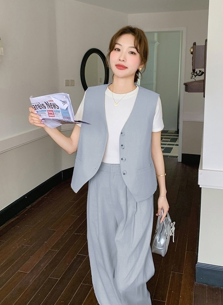 Fashion Casual Vest And Wide Leg Pants Set