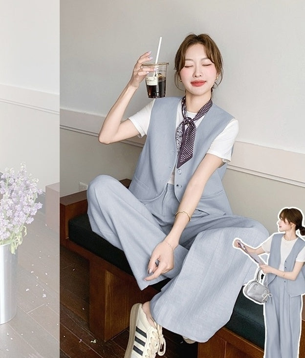 Fashion Casual Vest And Wide Leg Pants Set