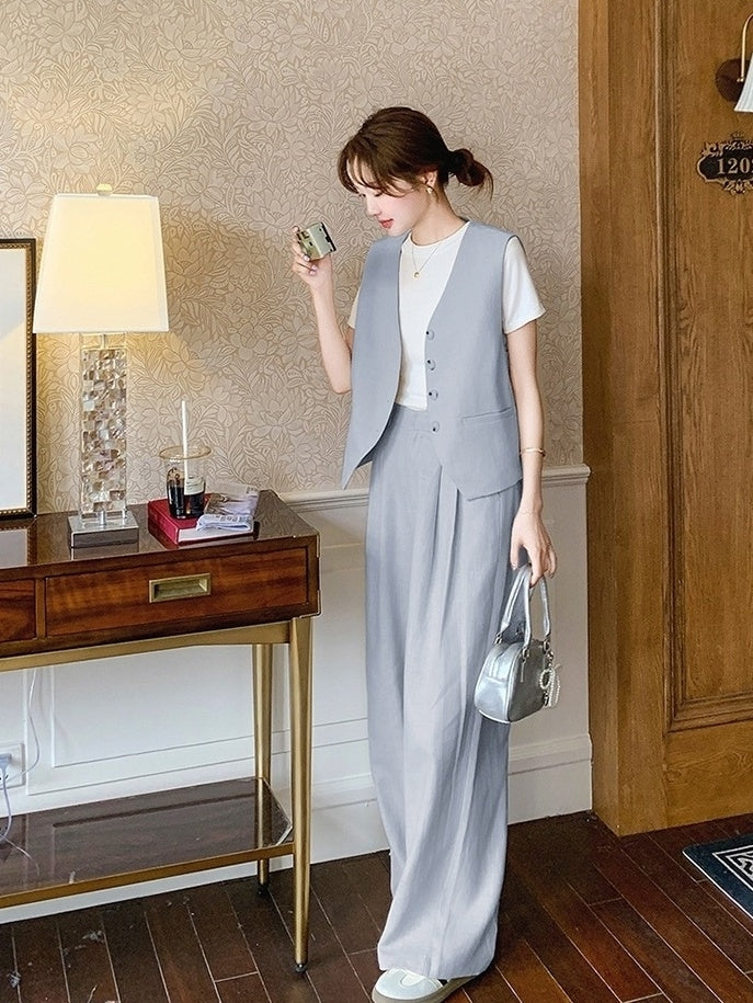 Fashion Casual Vest And Wide Leg Pants Set