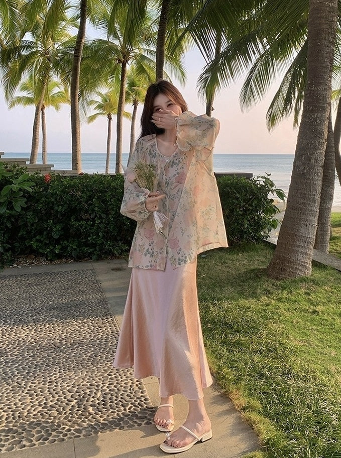 Fashion Print Cardigan And Dress Set