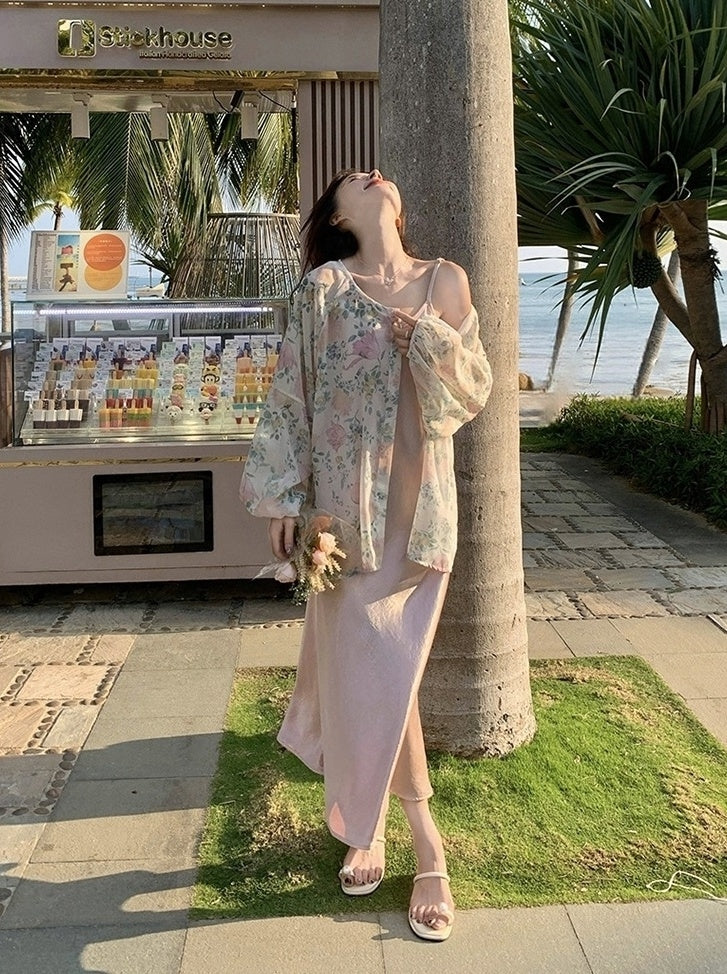 Fashion Print Cardigan And Dress Set