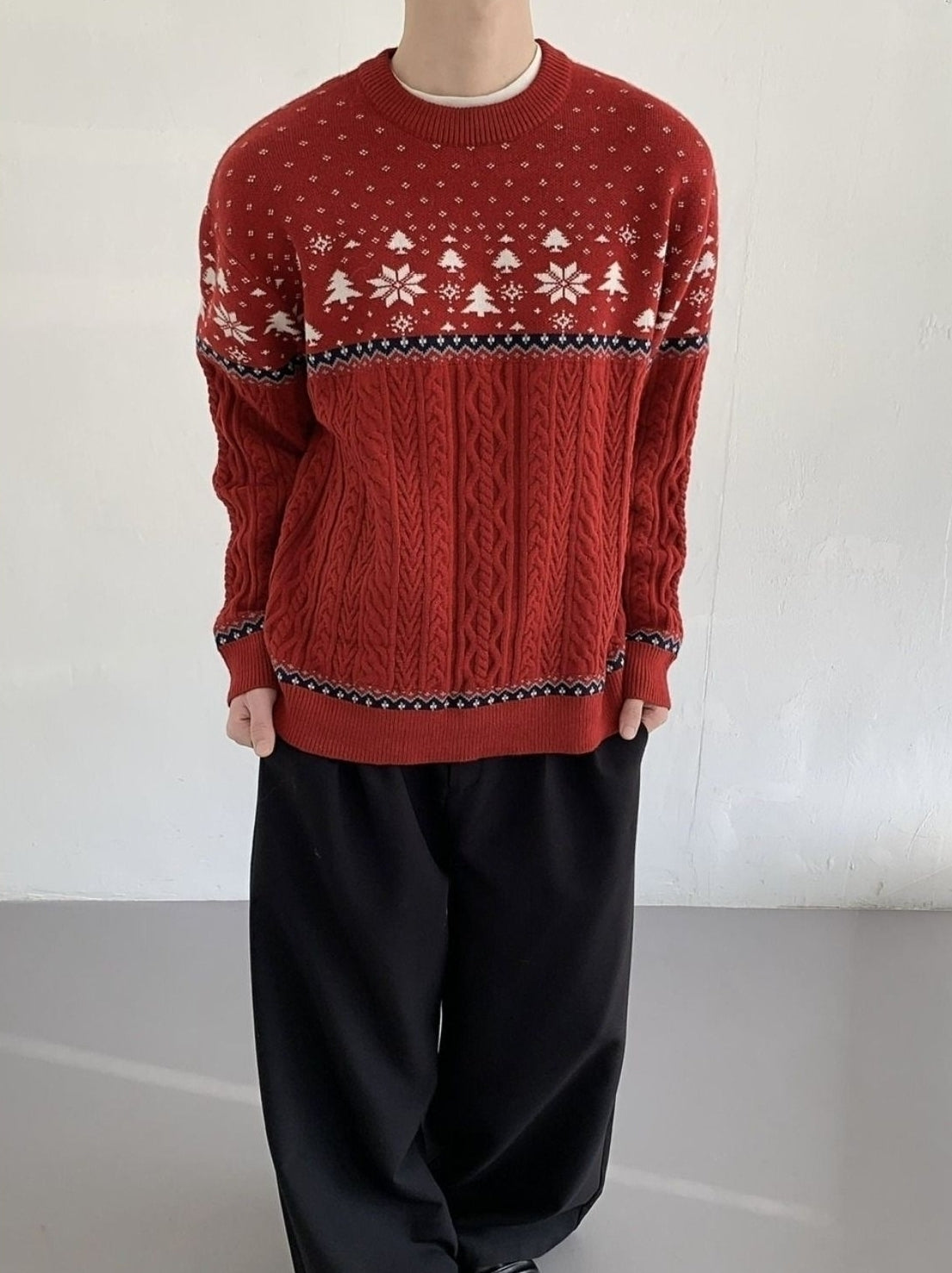 Festive Fair Isle Jacquard Knit Pullover Sweater