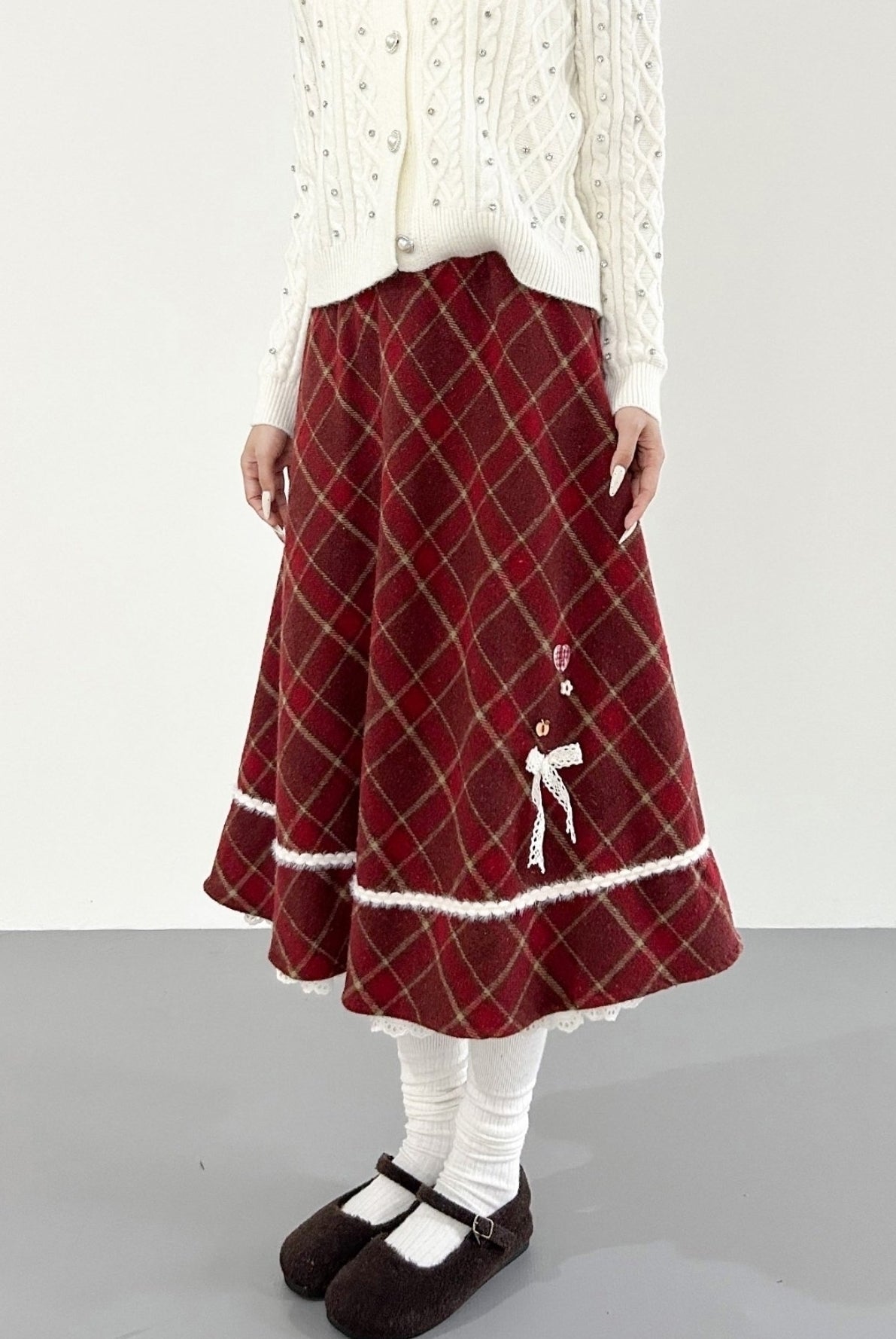 Festive Red Plaid A Line Tiered Midi Skirt