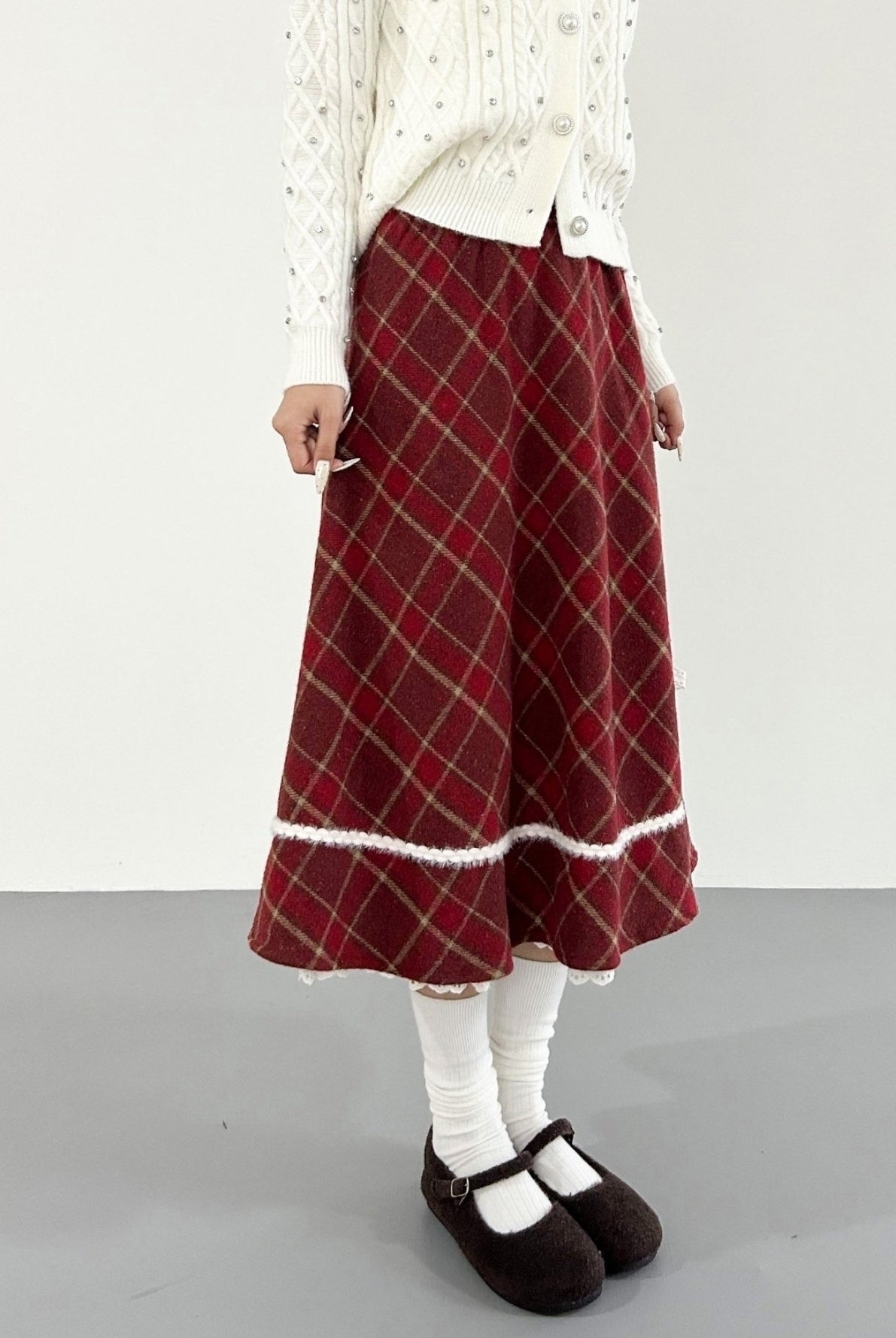 Festive Red Plaid A Line Tiered Midi Skirt
