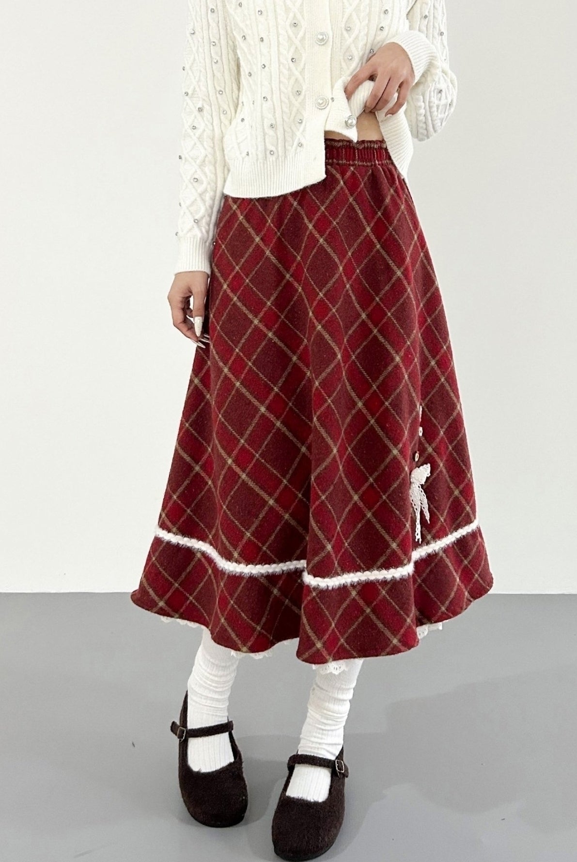 Festive Red Plaid A Line Tiered Midi Skirt