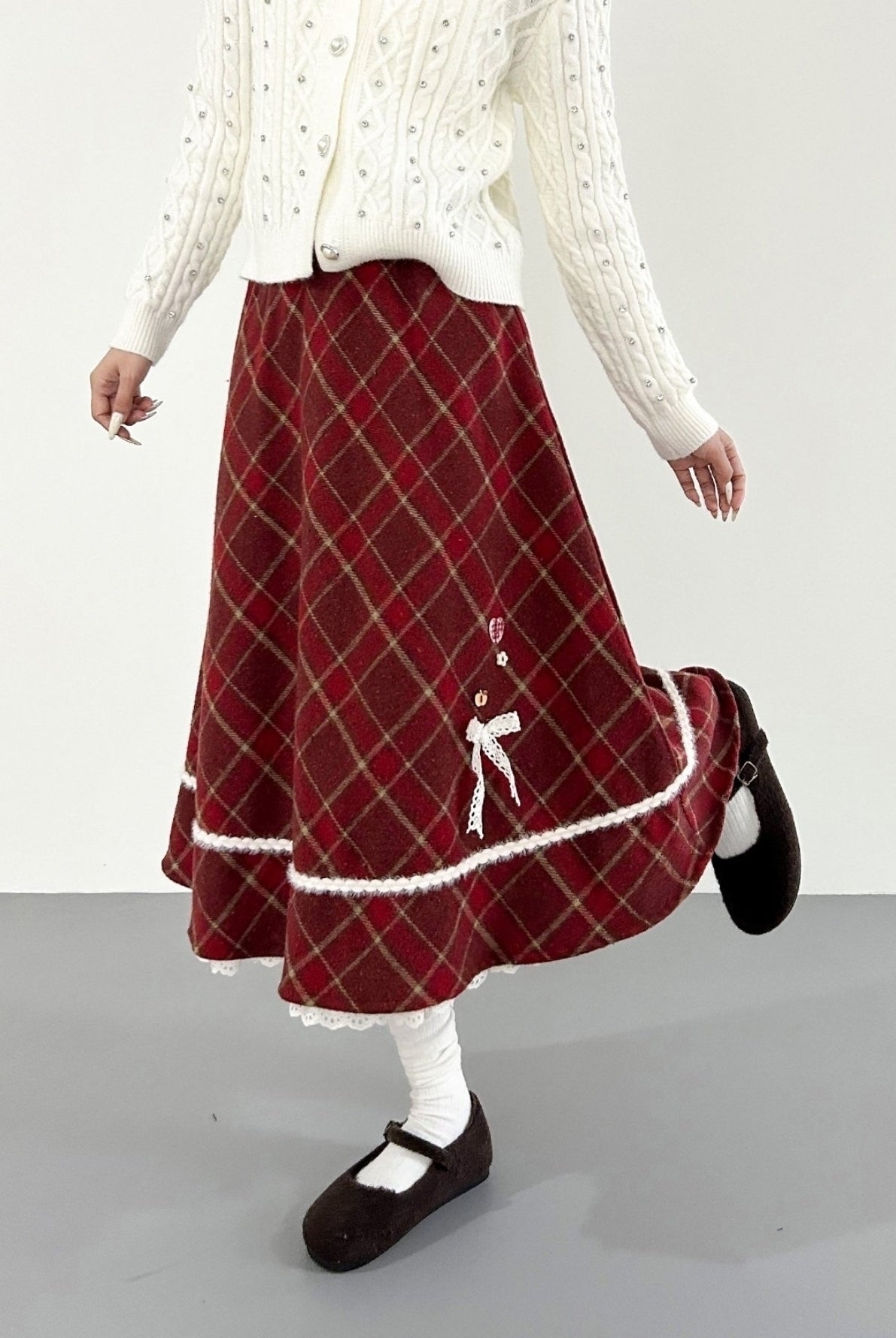 Festive Red Plaid A Line Tiered Midi Skirt