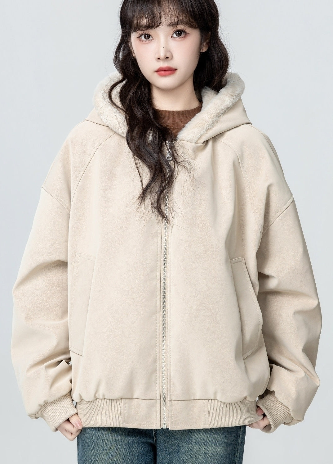 Fleece Lined Hooded Faux Leather Jacket