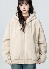 Fleece Lined Hooded Faux Leather Jacket
