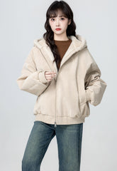 Fleece Lined Hooded Faux Leather Jacket